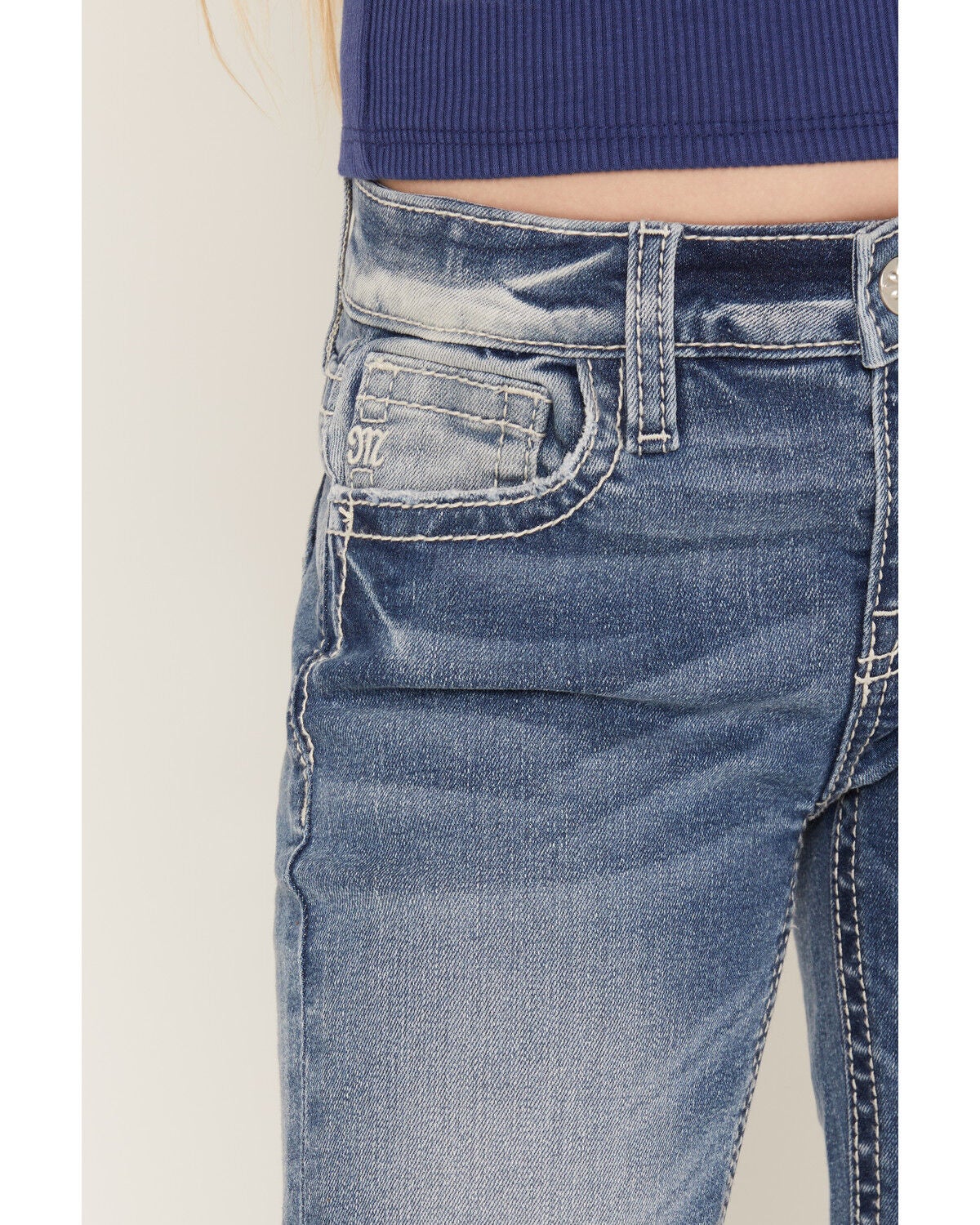Image #2 - Miss Me Girls' Medium Wash Floral Fleur de Lis Bootcut Stretch Denim Jeans, Medium Wash, hi-res