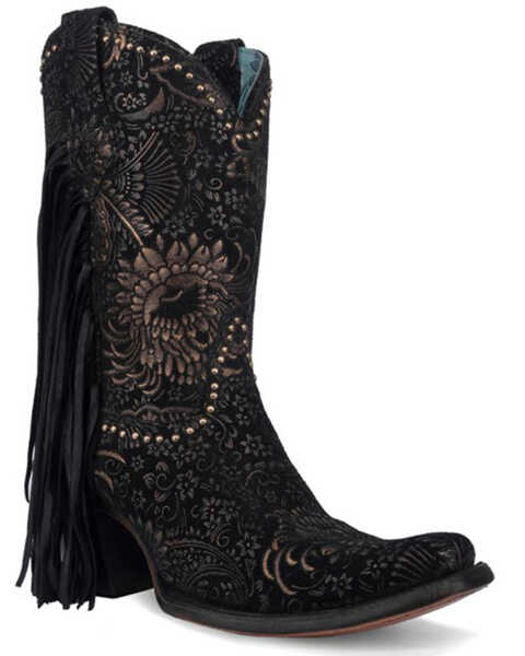 Image #1 - Corral Women's Stamped Floral Suede Fringe Western Boots - Square Toe , Gold, hi-res