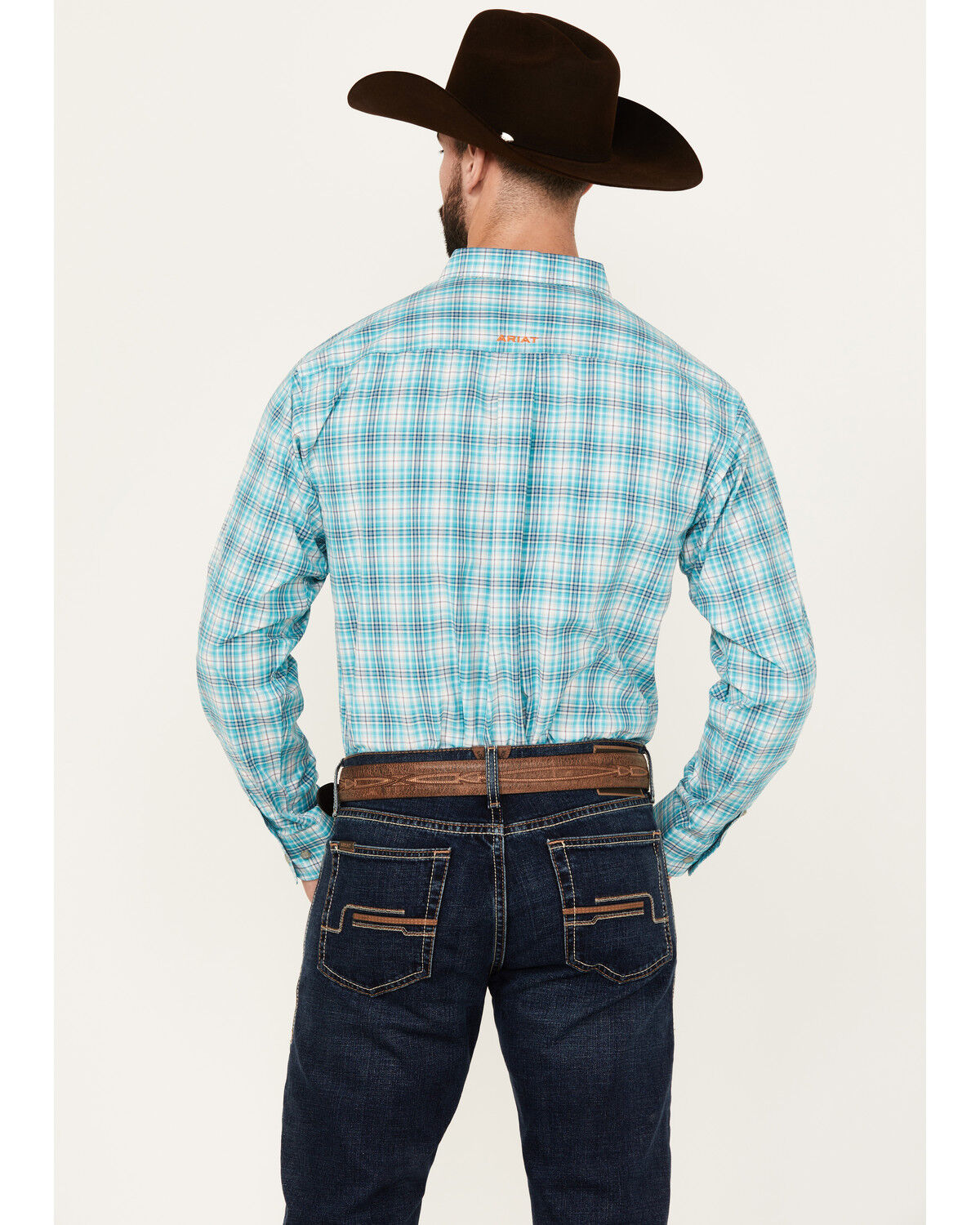 Image #4 - Ariat Men's Vincent Plaid Print Logo Long Sleeve Button-Down Western Shirt, Turquoise, hi-res