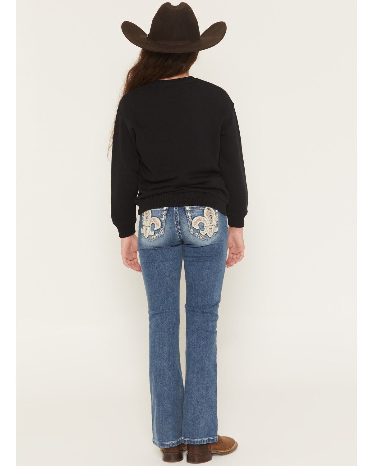 Miss Me Girls' Medium Wash Fleur de Lis Pocket Bootcut Denim Jeans, Medium Wash, hi-res