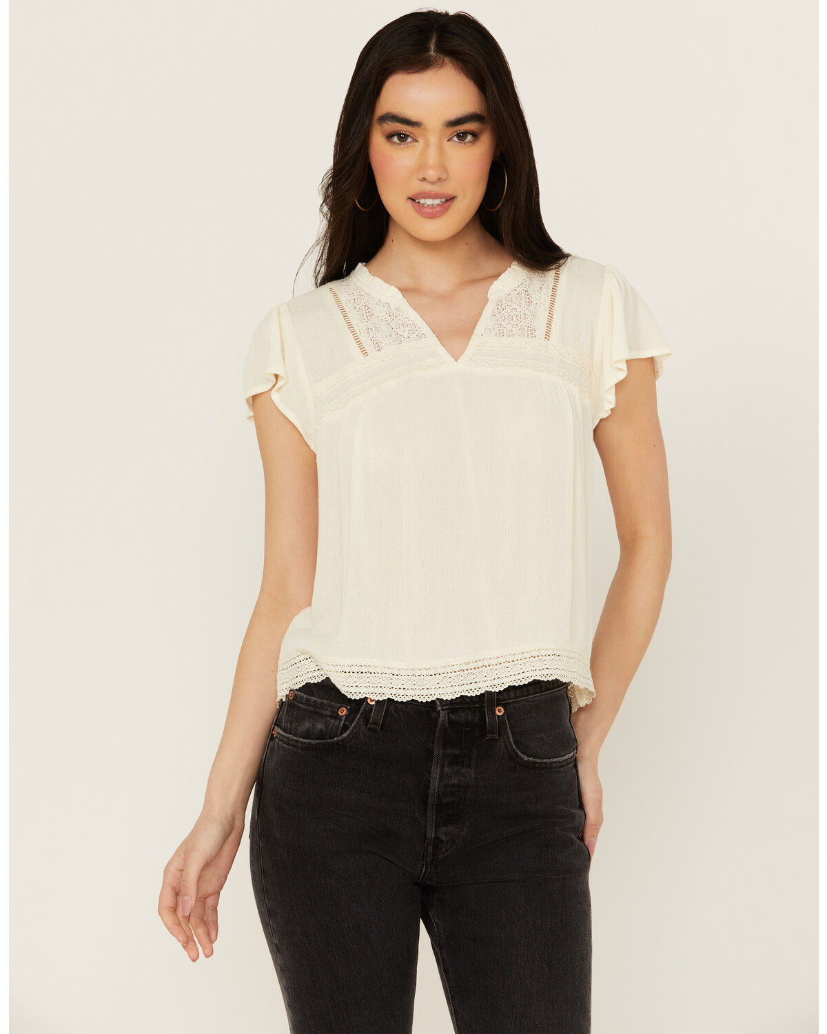 Image #1 - Jolt Women's Lace Trim Flutter Short Sleeve Top, White, hi-res