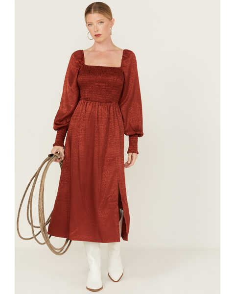 Image #1 - Wrangler Women's Jacquard Print Slit Long Sleeve Midi Dress , Rust Copper, hi-res
