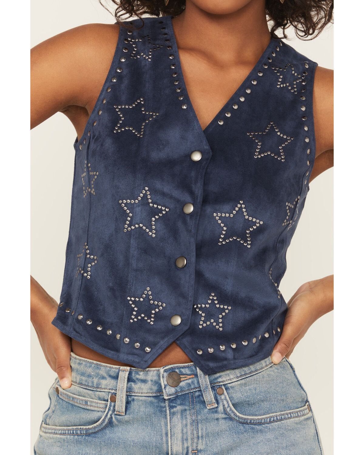 Image #3 - Rock & Roll Denim Women's Star Faux Suede Vest, Navy, hi-res