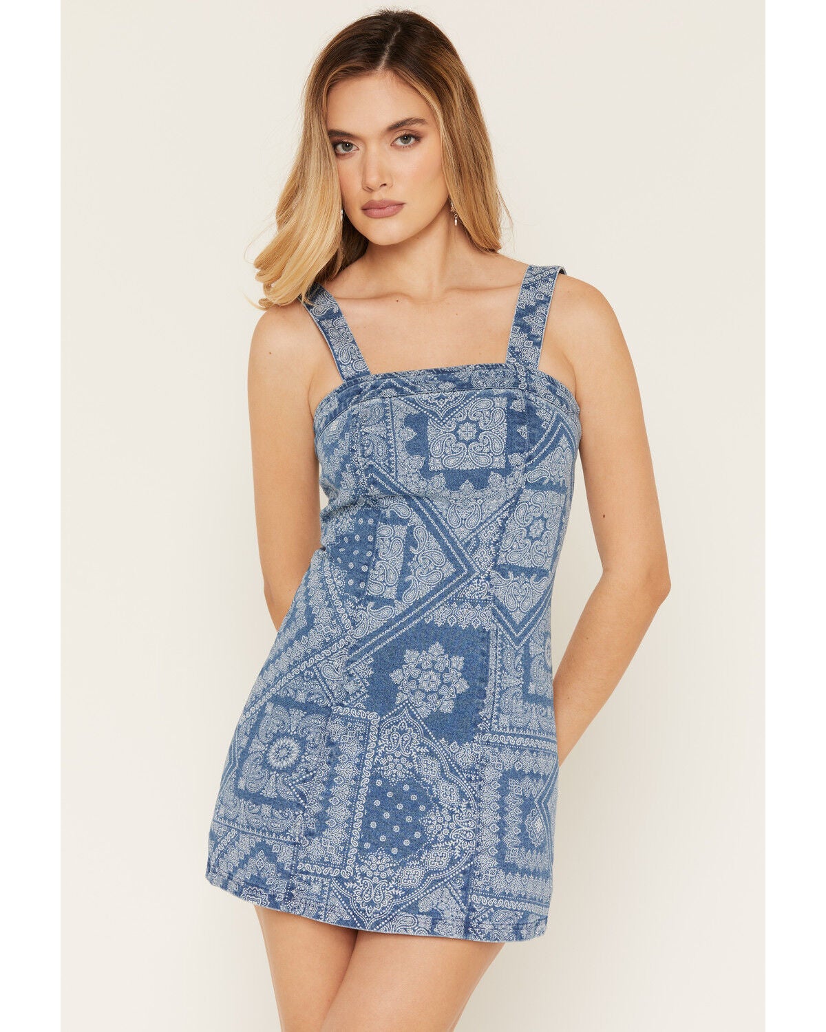 Image #3 - Cleo + Wolf Women's Medium Wash Bandana Print Sleeveless Denim Mini Dress, Medium Wash, hi-res