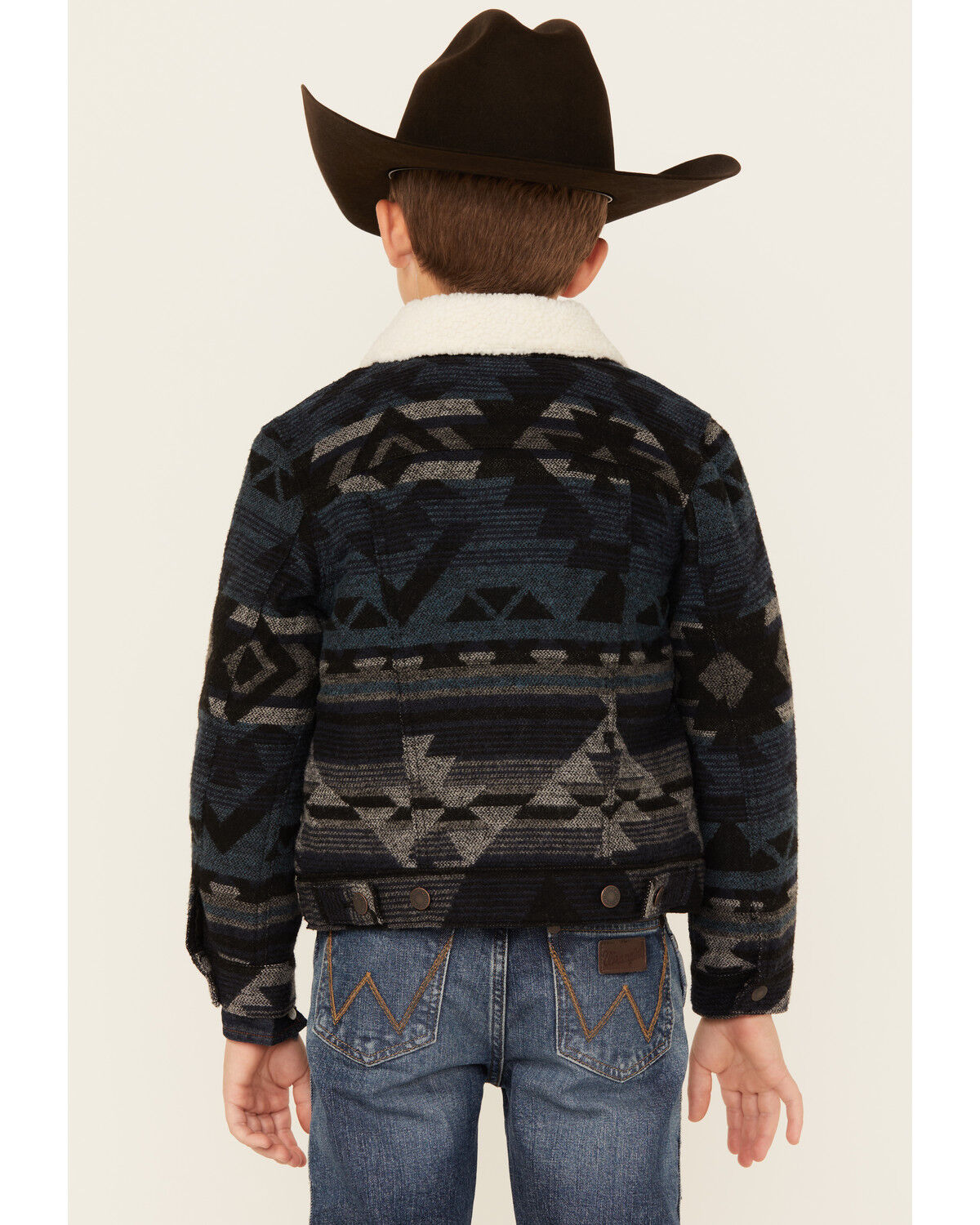 Image #4 - Wrangler Boys' Southwestern Print Sherpa Lined Jacket, Navy, hi-res