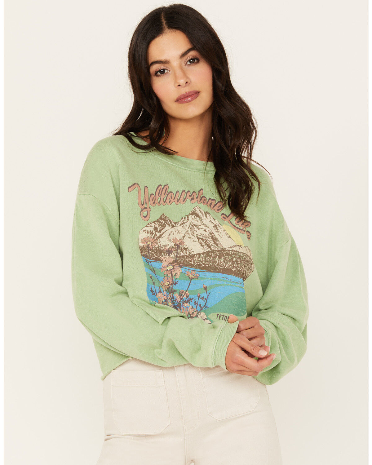 Image #1 - Cleo + Wolf Women's Yellowstone Lake Long Sleeve Graphic Tee, Green, hi-res