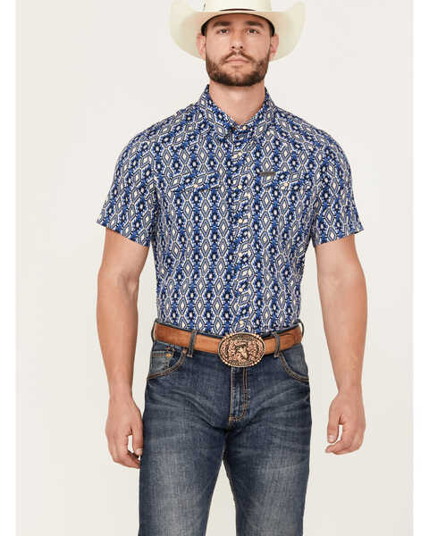 Image #1 - Panhandle Men's Southwestern Print Short Sleeve Snap Performance Western Shirt, Blue, hi-res