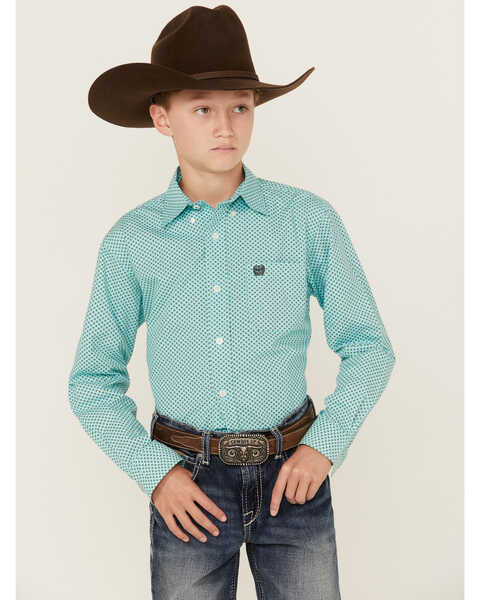 Cinch Boys' Geo Print Long Sleeve Button-Down Western Shirt , Light Blue, hi-res