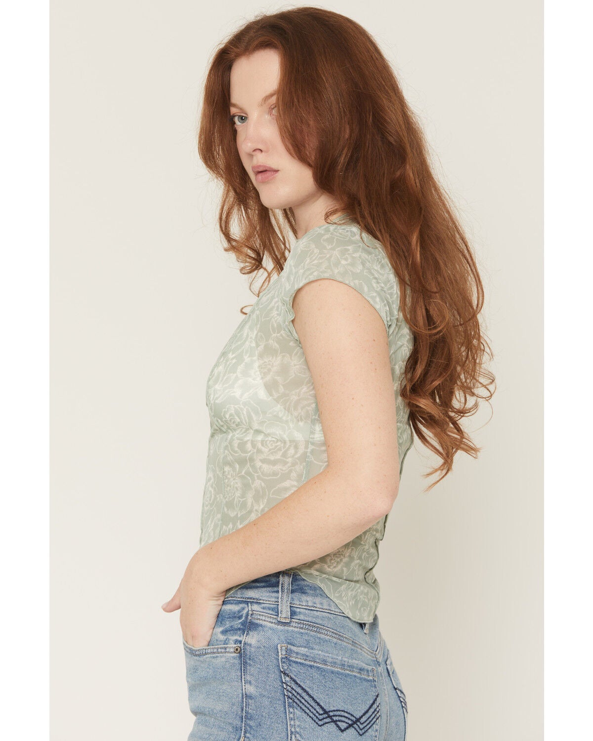 Image #2 - Ash & Violet Women's Floral Print Mesh Short Sleeve Tee, Green, hi-res