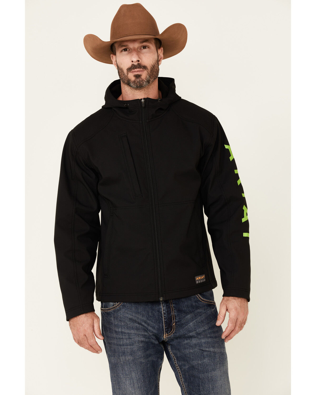 Image #1 - Ariat Men's Black & Lime Rebar Stretch Canvas Softshell Logo Zip-Front Work Jacket, Bright Green, hi-res