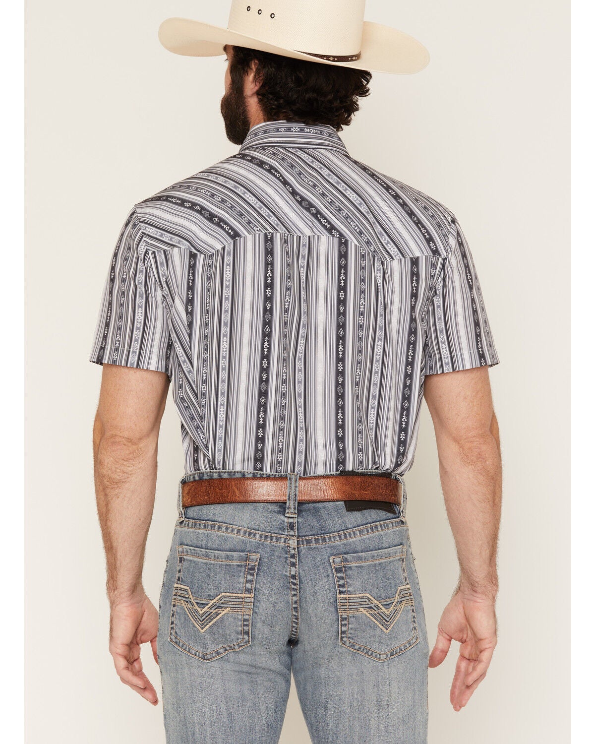 Image #4 - Panhandle Slim Men's Southwestern Striped Short Sleeve Pearl Snap Performance Western Shirt, Black, hi-res