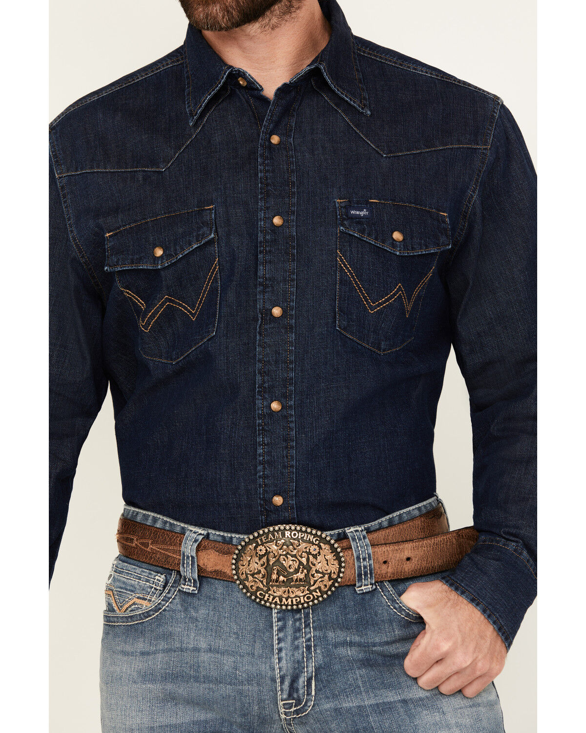 Image #3 - Wrangler Men's Medium Wash Denim Long Sleeve Snap Western Shirt, Medium Wash, hi-res