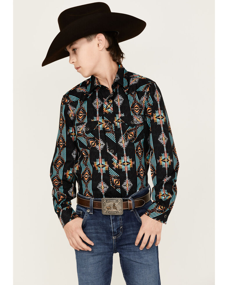 Panhandle Boys' Southwestern Stripe Long Sleeve Snap Western Stretch Shirt, Turquoise, hi-res
