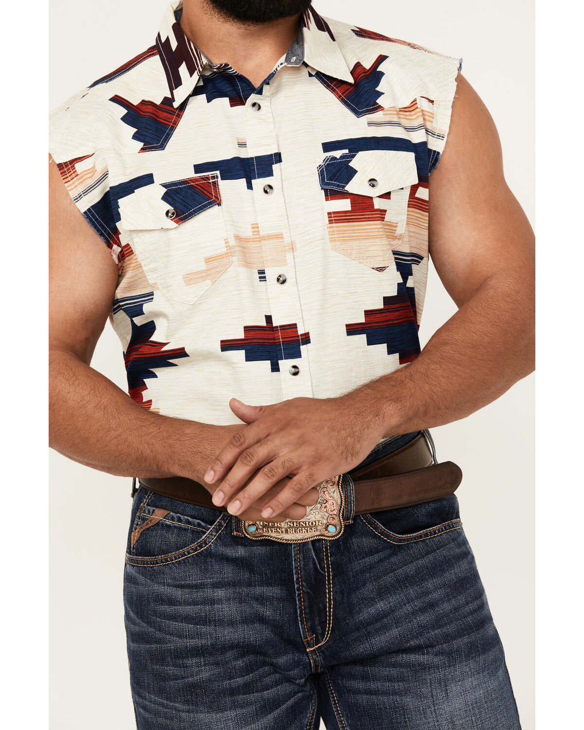 Image #3 - Cody James Men's Beer Run Southwestern Print Bubba Sleeveless Snap Western Shirt, Grey, hi-res
