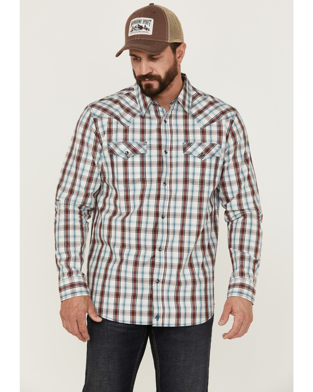 Image #1 - Moonshine Spirit Men's Burning Man Plaid Long Sleeve Snap Western Shirt, White, hi-res