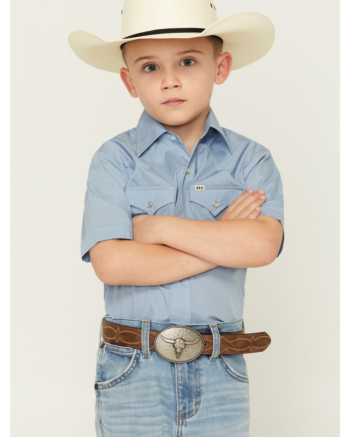 Image #1 - Ely Walker Boys' Solid Short Sleeve Pearl Snap Western Shirt, Blue, hi-res