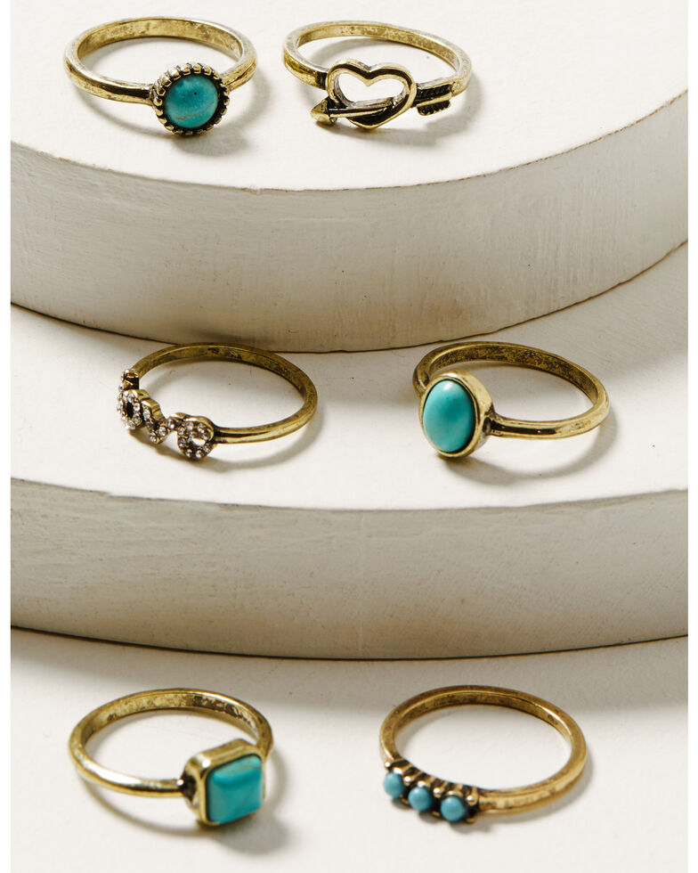 Shyanne Women's Turquoise & Gold Love Heart 6 Piece Ring Set , Gold, hi-res