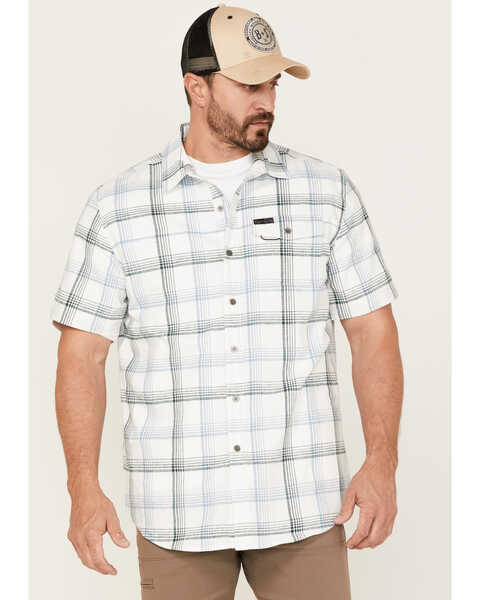 Image #1 - ATG by Wrangler Men's All-Terrain Hemp Utility Plaid Denim Short Sleeve Shirt , Blue, hi-res