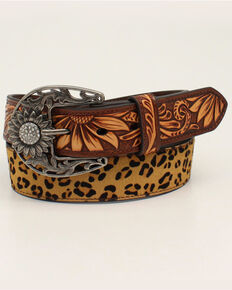 M & F Western Women's Brown Sunflower & Leopard Tooled Belt, Brown, hi-res