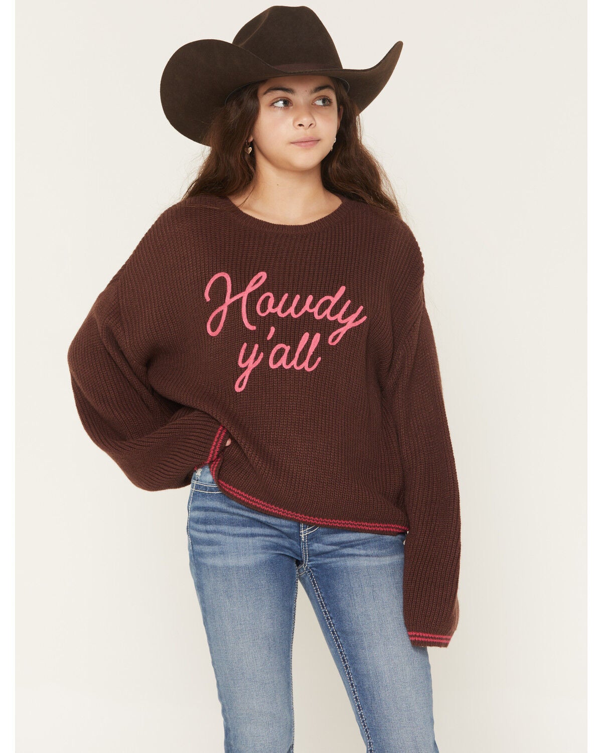 Rock & Roll Denim Girl's Howdy Y'all Stitch Sweater, Brown, hi-res