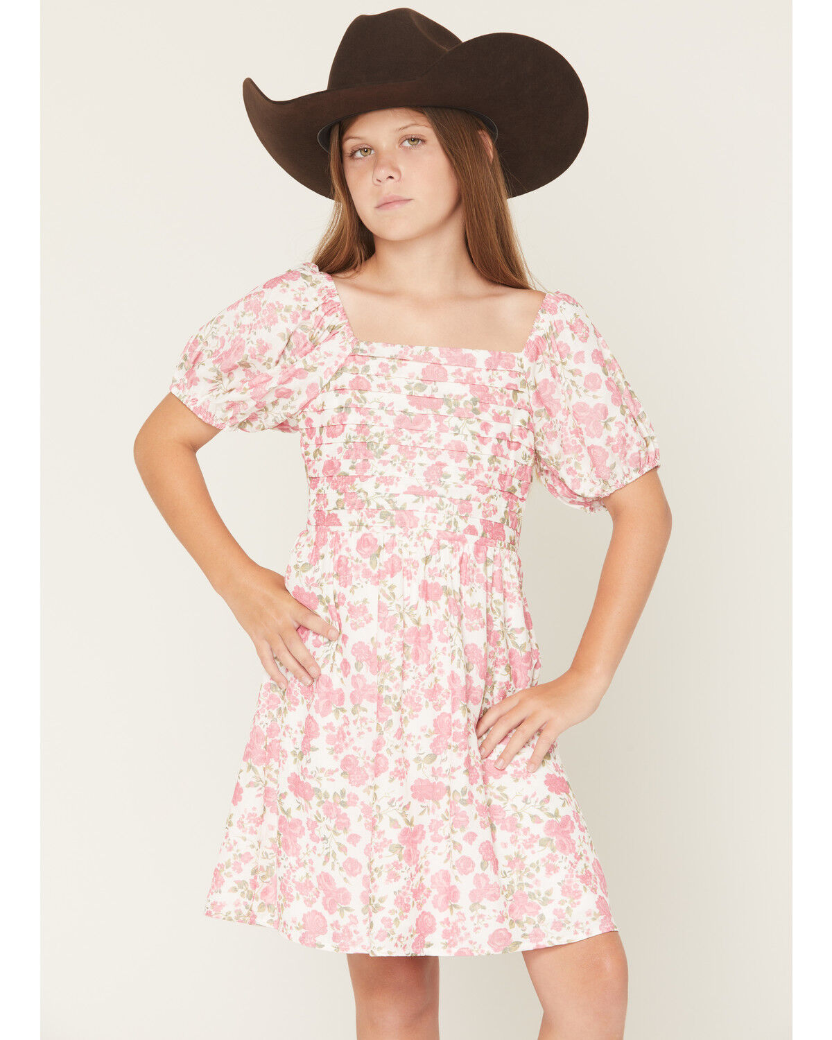 Image #1 - Trixxi Little Girls' Floral Print Puff Sleeve Midi Dress, Pink, hi-res