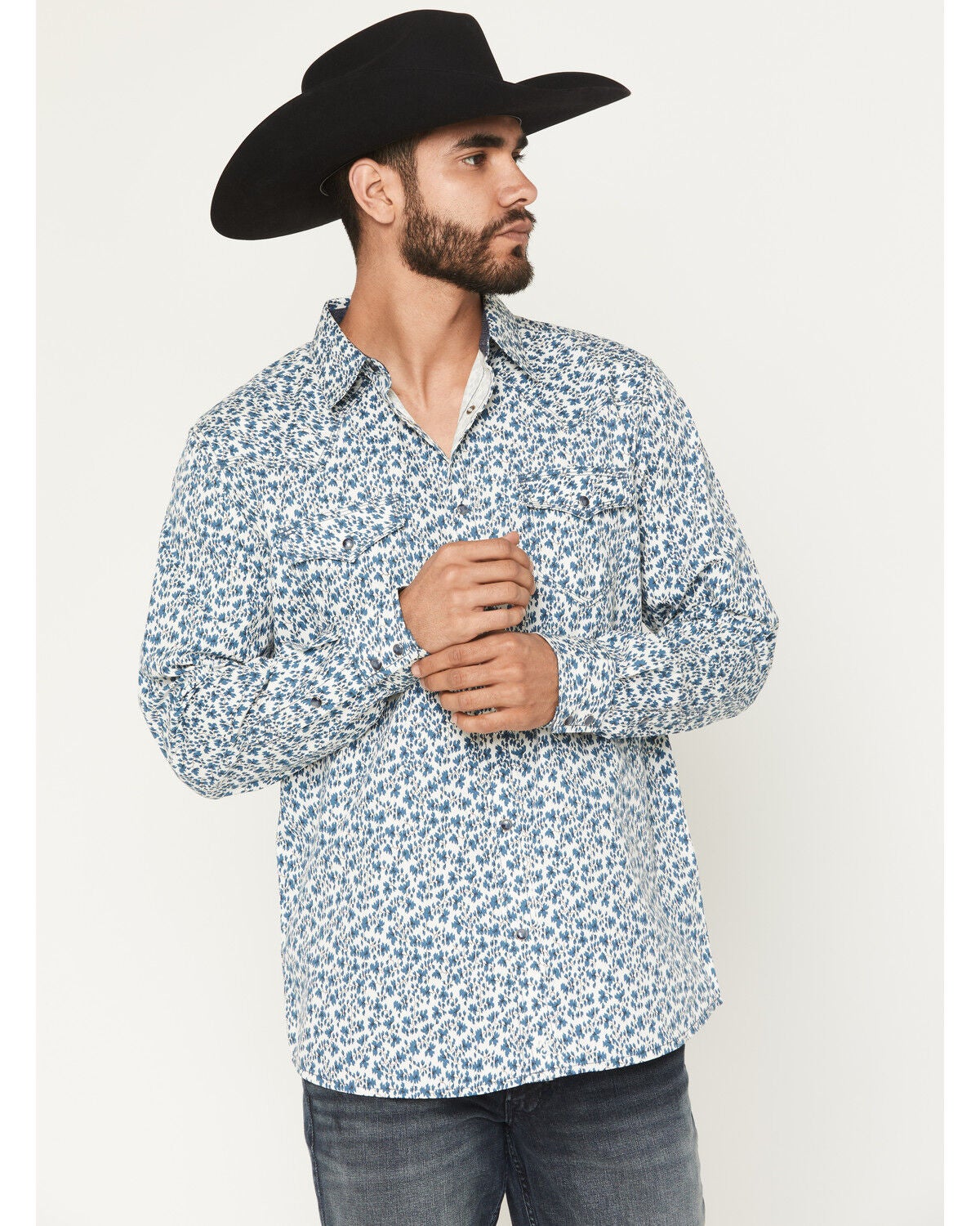 Image #1 - Moonshine Spirit&reg; Men's Falling Leaf Floral Print Long Sleeve Snap Western Shirt, Blue, hi-res