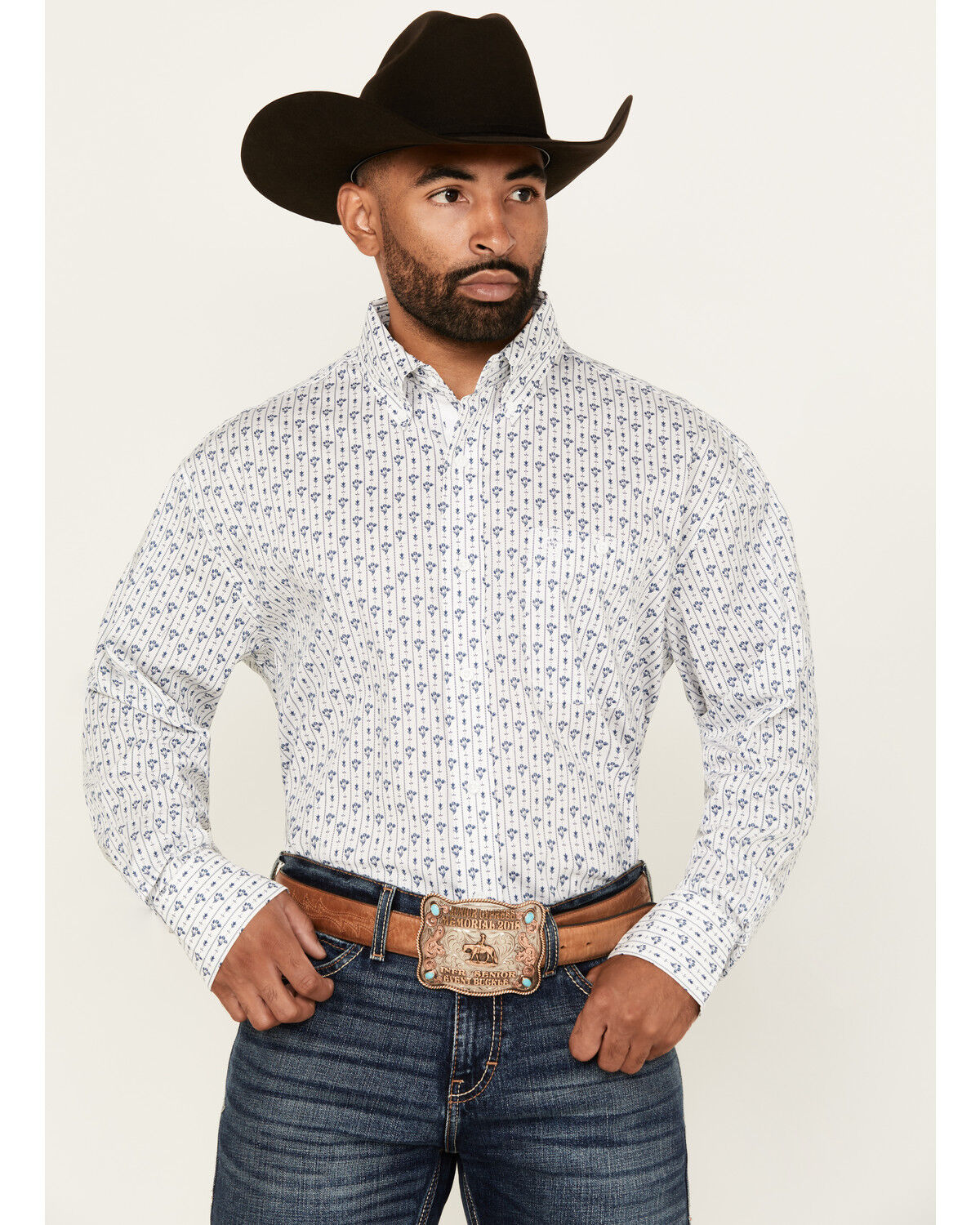 Image #1 - George Strait by Wrangler Men's Floral Striped Long Sleeve Button-Down Stretch Western Shirt, White, hi-res