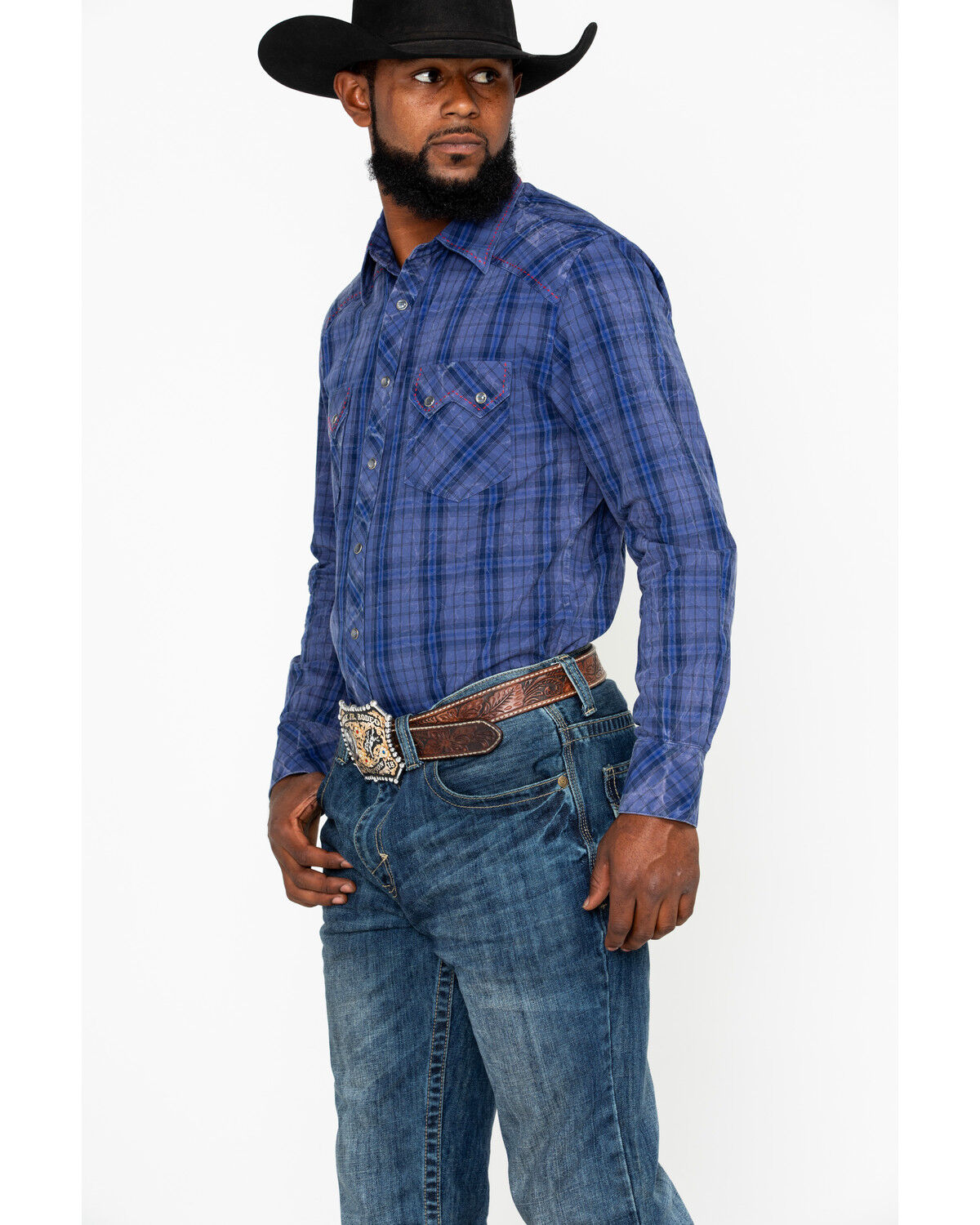Image #3 - Rock & Roll Denim Men's Plaid Print Long Sleeve Western Shirt, Light Blue, hi-res