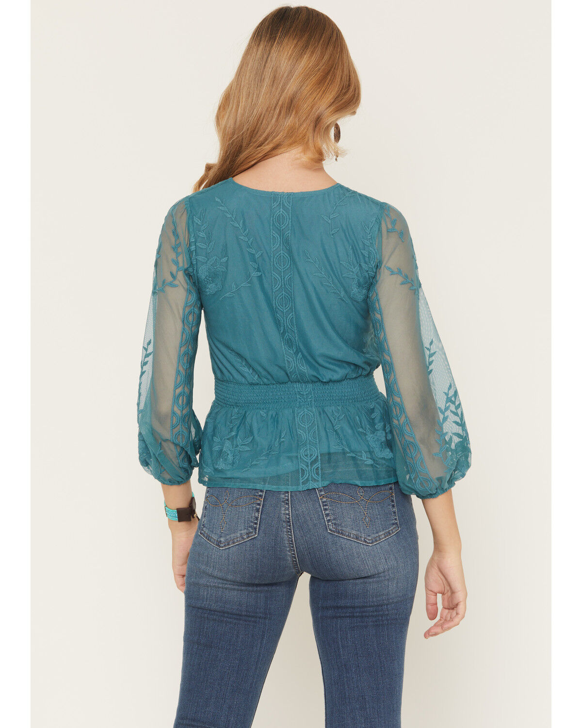 Image #4 - Shyanne Women's Embroidered Mesh Long Sleeve Button-Down Shirt, Turquoise, hi-res