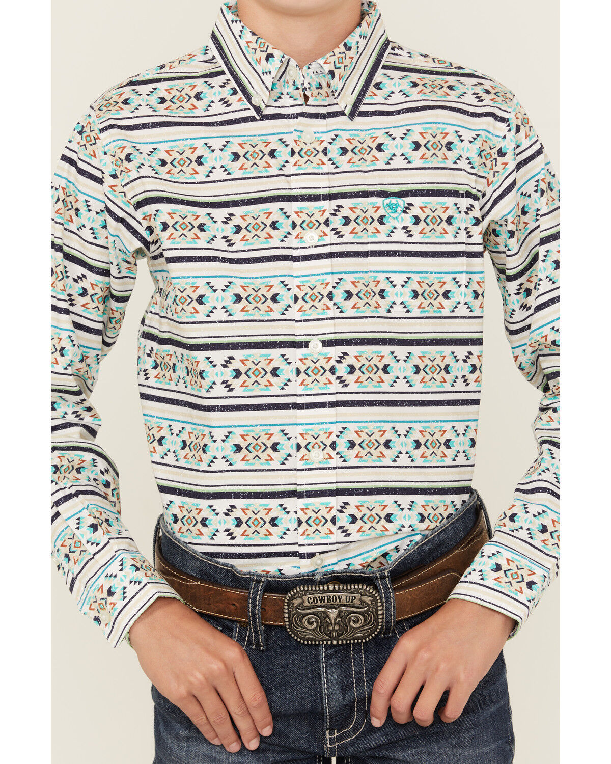 Image #3 - Ariat Boys' Southwestern Print Long Sleeve Button-Down Western Shirt, Teal, hi-res