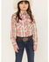 Image #1 - Cowgirl Hardware Girls' Embroidered Horse Plaid Print Long Sleeve Pearl Snap Western Shirt, Pink, hi-res