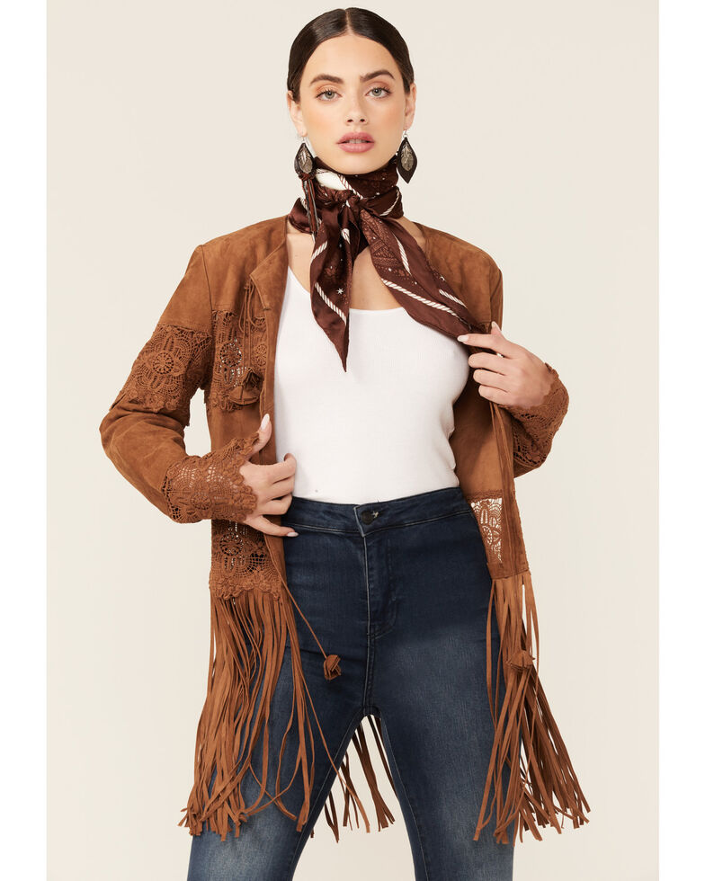 Scully Women's Crochet Trim Suede Coat, Brown, hi-res