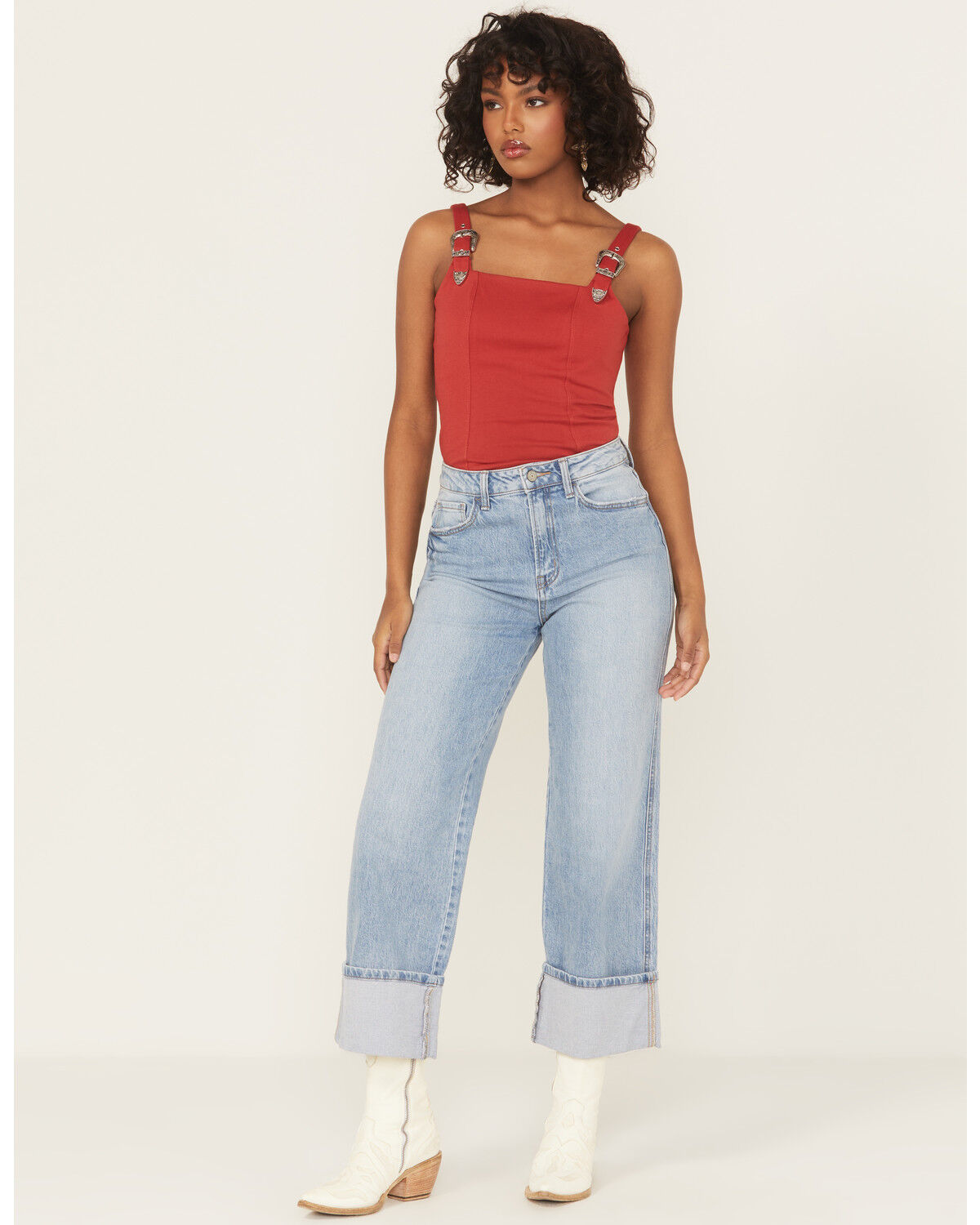 Image #1 - Vervet by Flying Monkey Women's Medium Wash Super High Rise Cuffed Cropped Baggy Straight Stretch Denim Jeans, Medium Wash, hi-res