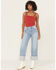 Image #1 - Vervet by Flying Monkey Women's Medium Wash Super High Rise Cuffed Cropped Baggy Straight Stretch Denim Jeans, Medium Wash, hi-res