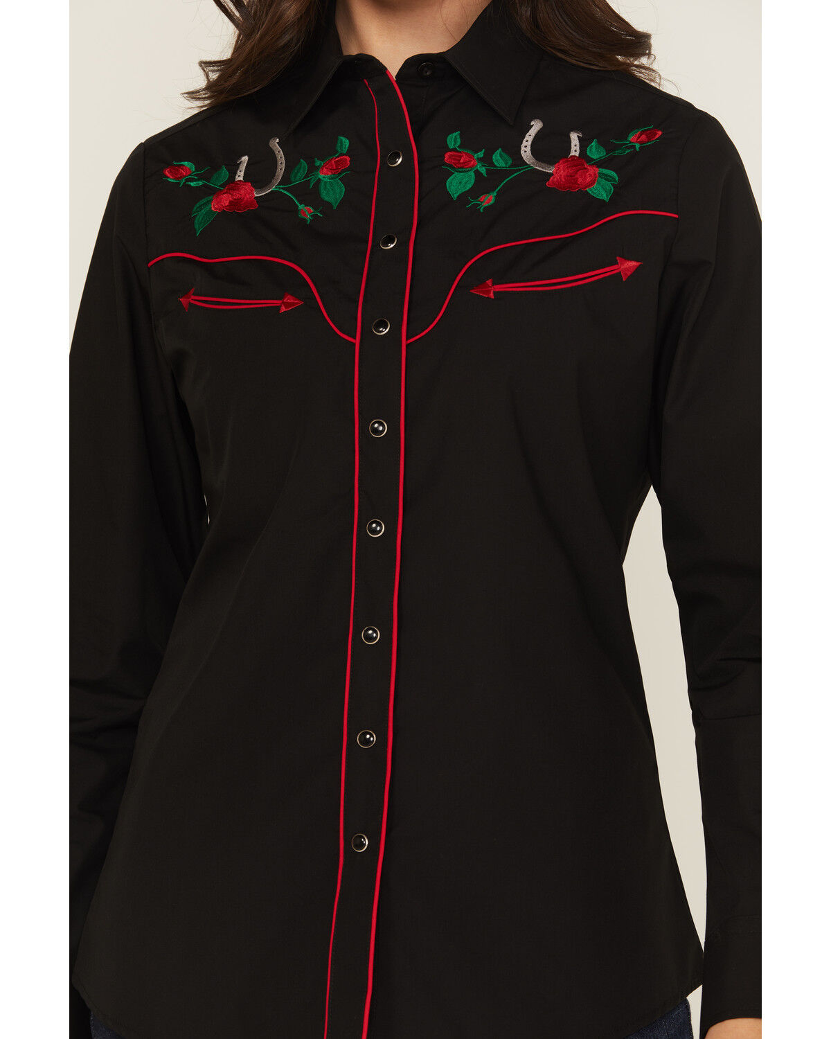 Image #3 - Rodeo Clothing Women's Rose Embroidered Long Sleeve Snap Western Shirt, Black, hi-res