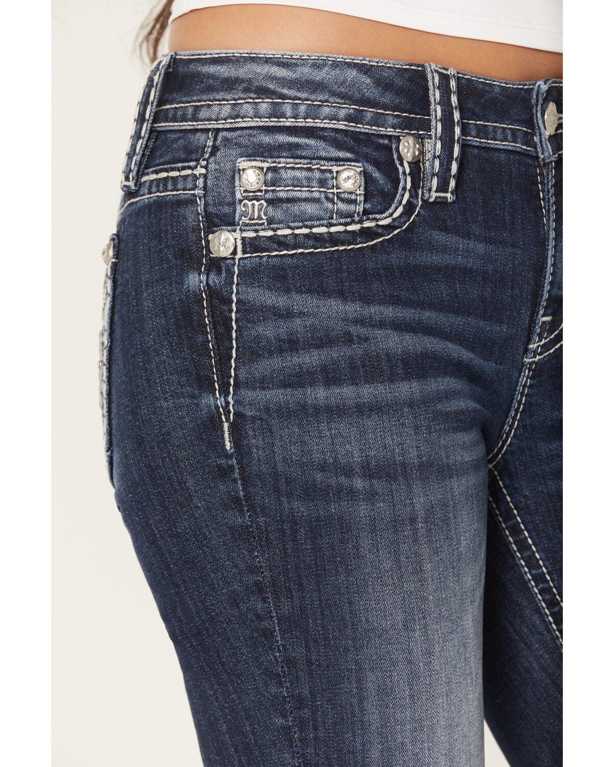 Image #4 - Miss Me Women's Dark Wash Mid Rise Faux Flap Pocket 32" Bootcut Stretch Denim Jeans, Dark Wash, hi-res