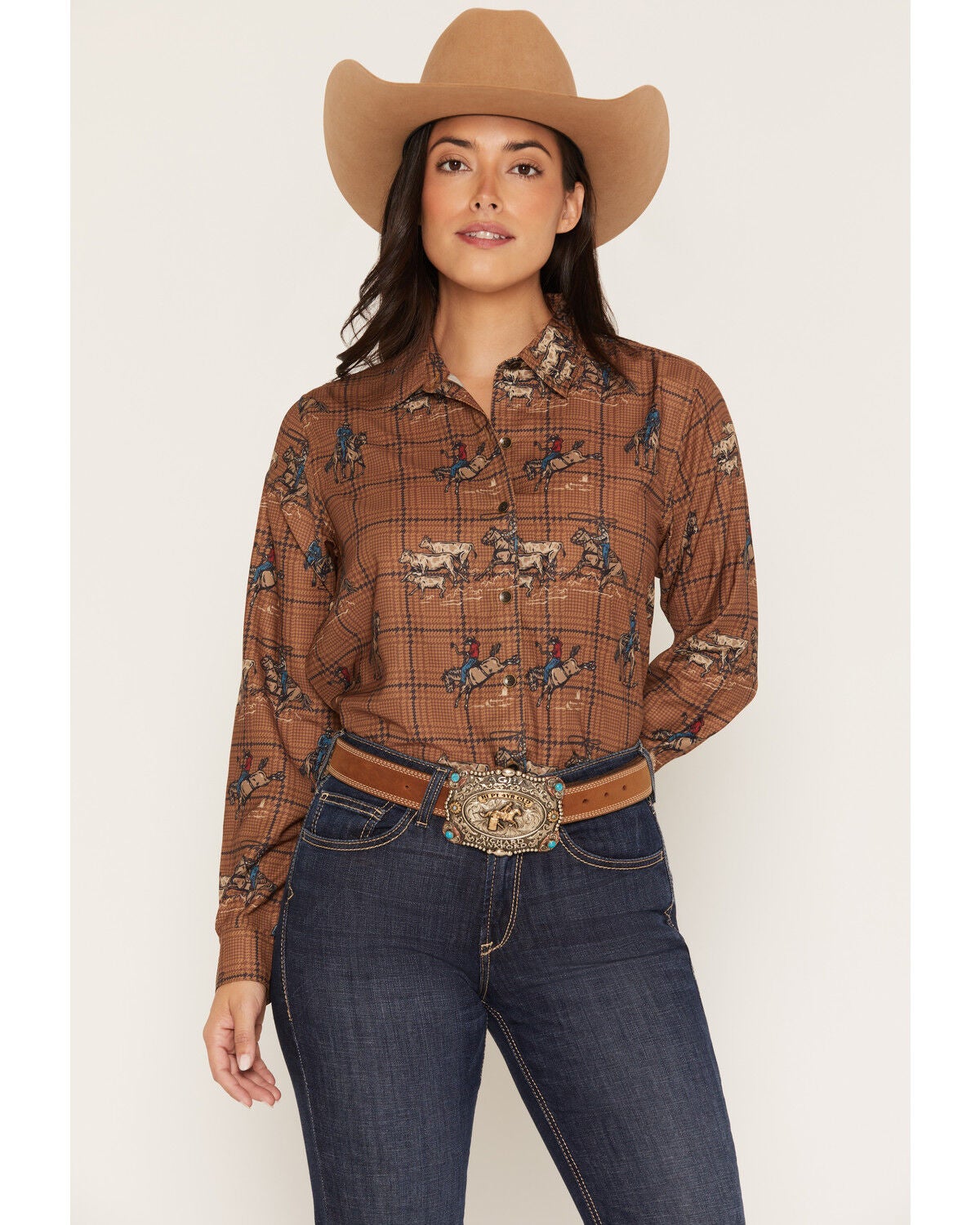 Image #1 - Ariat Women's Homestyle Rodeo Plaid Print Long Sleeve Button-Down Western Shirt, Brown, hi-res
