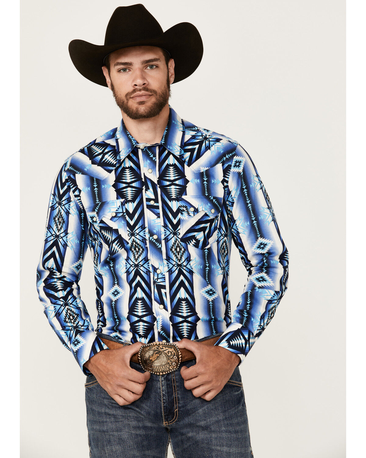 Image #1 - Rock & Roll Denim Men's Southwestern Print Long Sleeve Snap Stretch Western Shirt, Blue, hi-res
