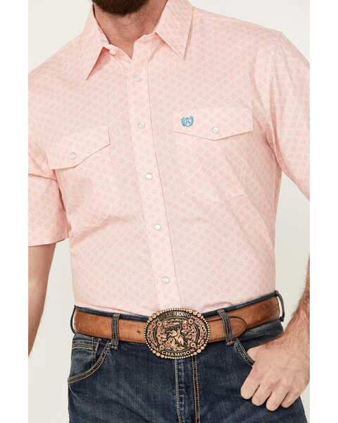 Image #3 - Panhandle Men's Geo Print Short Sleeve Pearl Snap Western Shirt , Coral, hi-res