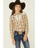 Image #1 - Roper Girls' Plaid Print Fancy Applique Yoke Long Sleeve Pearl Snap Western Shirt , Mustard, hi-res