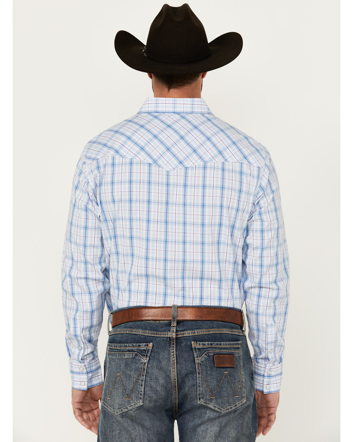 Image #4 - Wrangler 20X Men's Plaid Print Long Sleeve Snap Stretch Western Shirt, Blue, hi-res