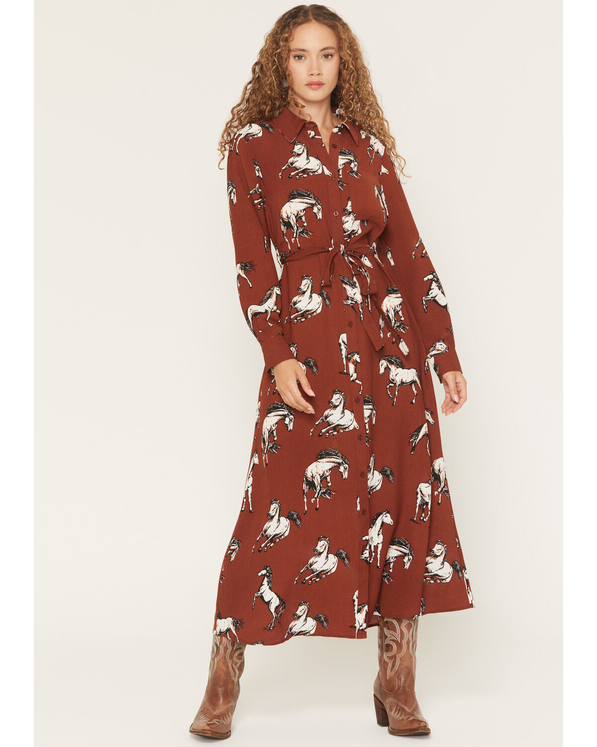 Image #1 - Cotton & Rye Women's Boot Barn Exclusive Horse Print Waist Tie Midi Dress, Black, hi-res