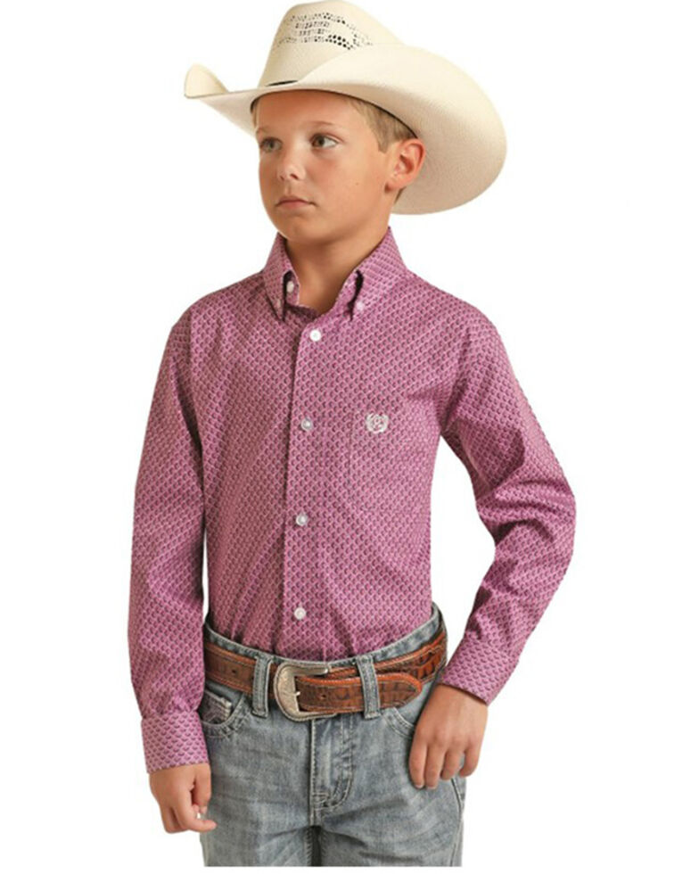 Panhandle Boys' Poplin Print Button Shirt, Purple, hi-res
