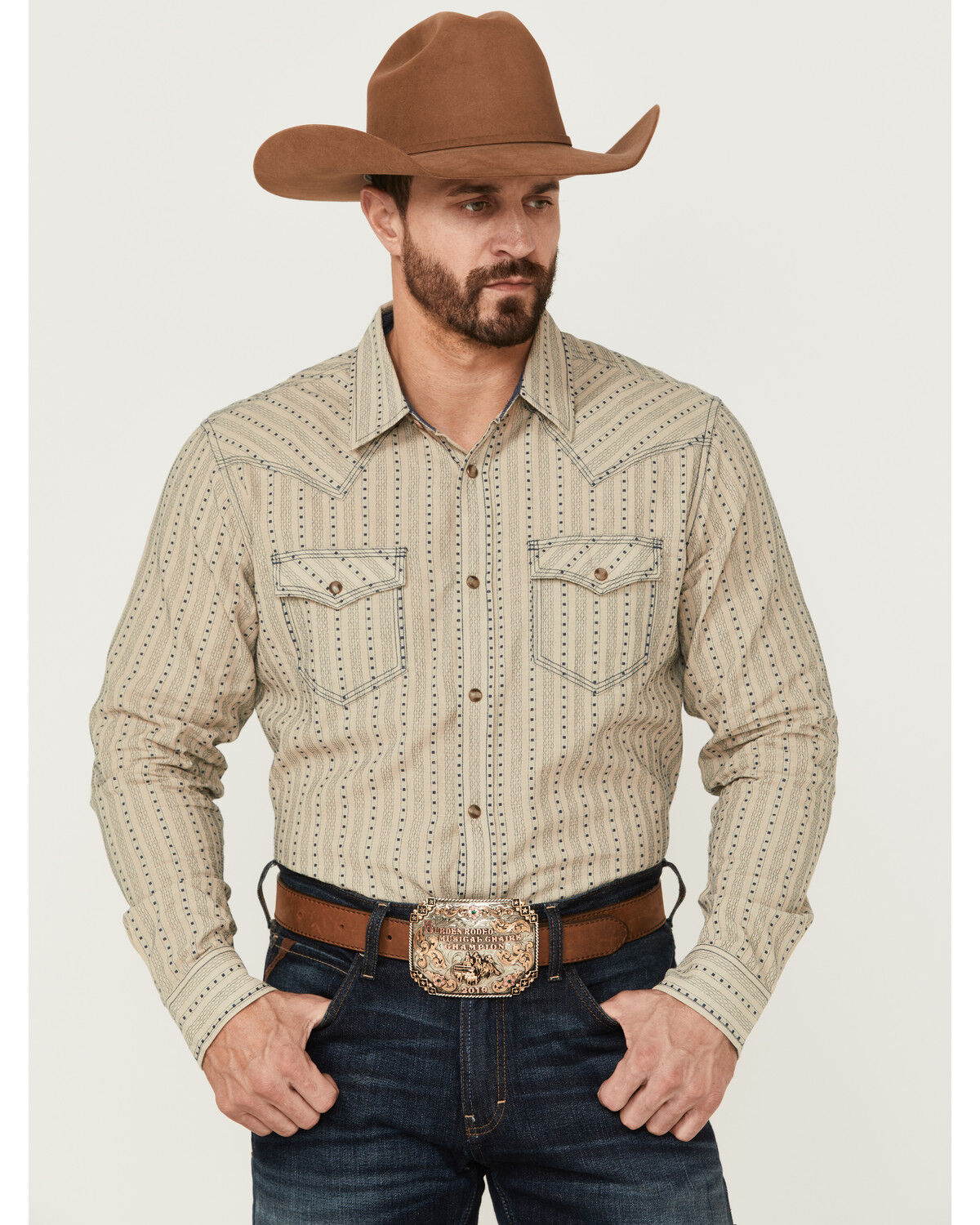 Image #1 - Moonshine Spirit Men's Dobby Stripe Long Sleeve Snap Western Shirt, Tan, hi-res