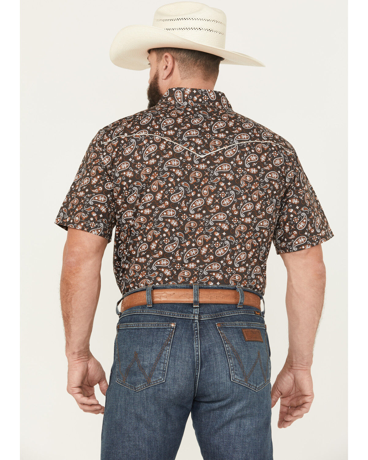 Image #4 - Cowboy Hardware Men's Paisley Print Short Sleeve Snap Stretch Western Shirt, Black, hi-res