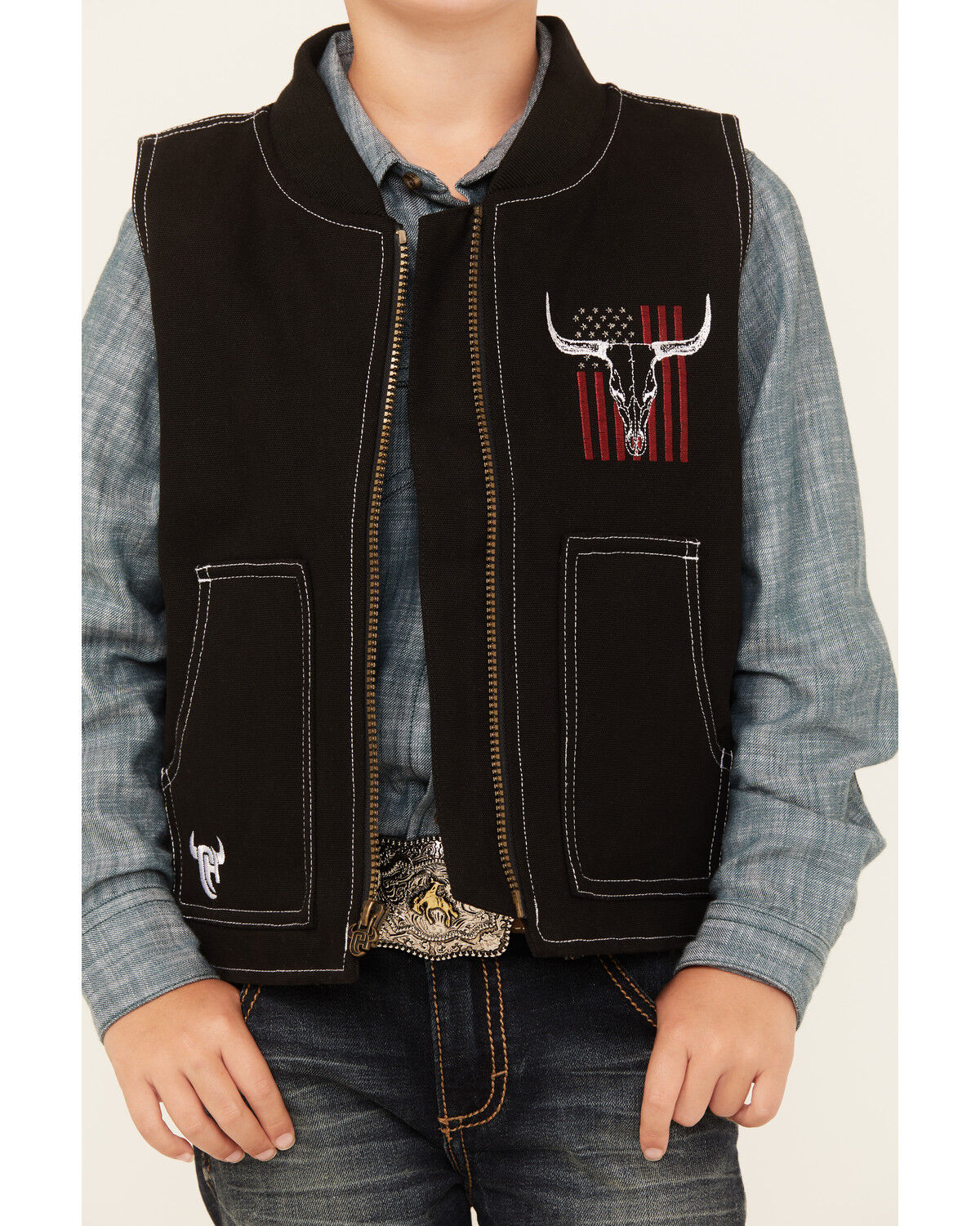 Image #3 - Cowboy Hardware Boys' Flag Skull Canvas Vest, Black, hi-res