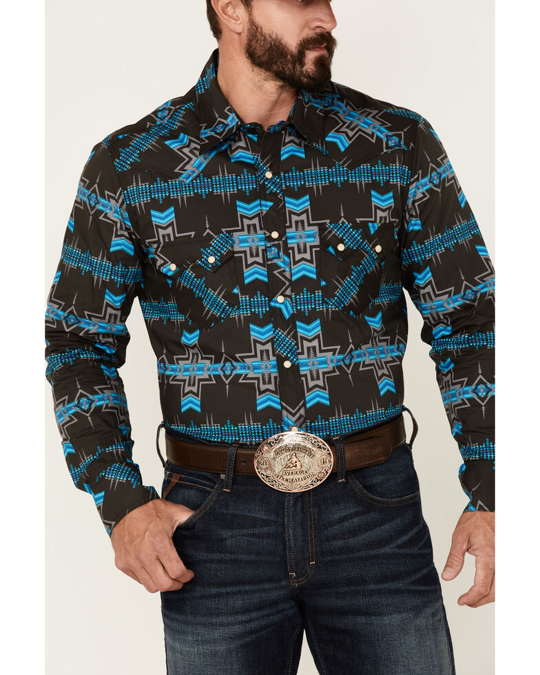 Rock & Roll Denim Men's Teal Southwestern Print Long Sleeve Snap Western Shirt , Teal, hi-res