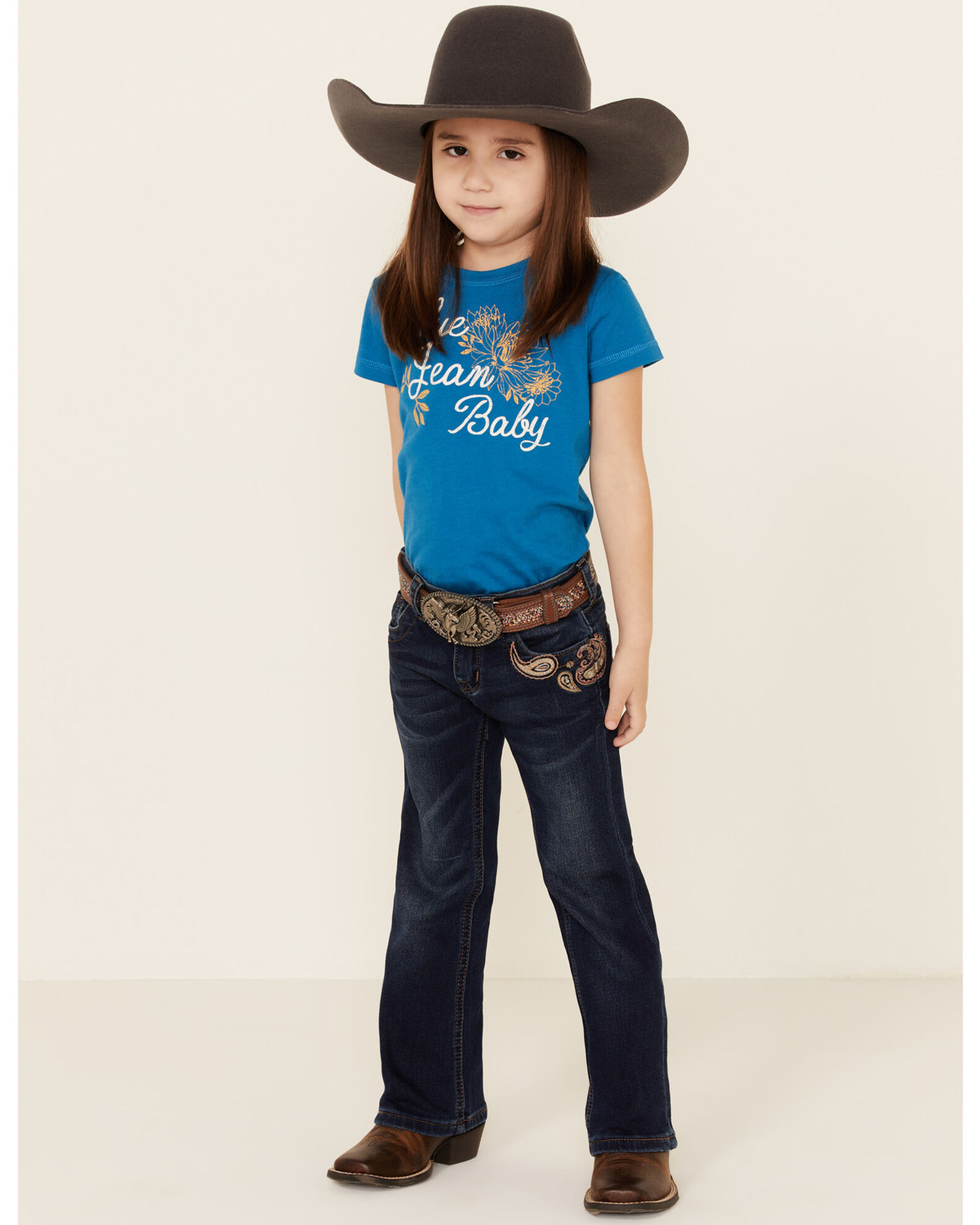 Grace In LA Girls' Dark Paisley Embroidered Pocket Bootcut Jeans