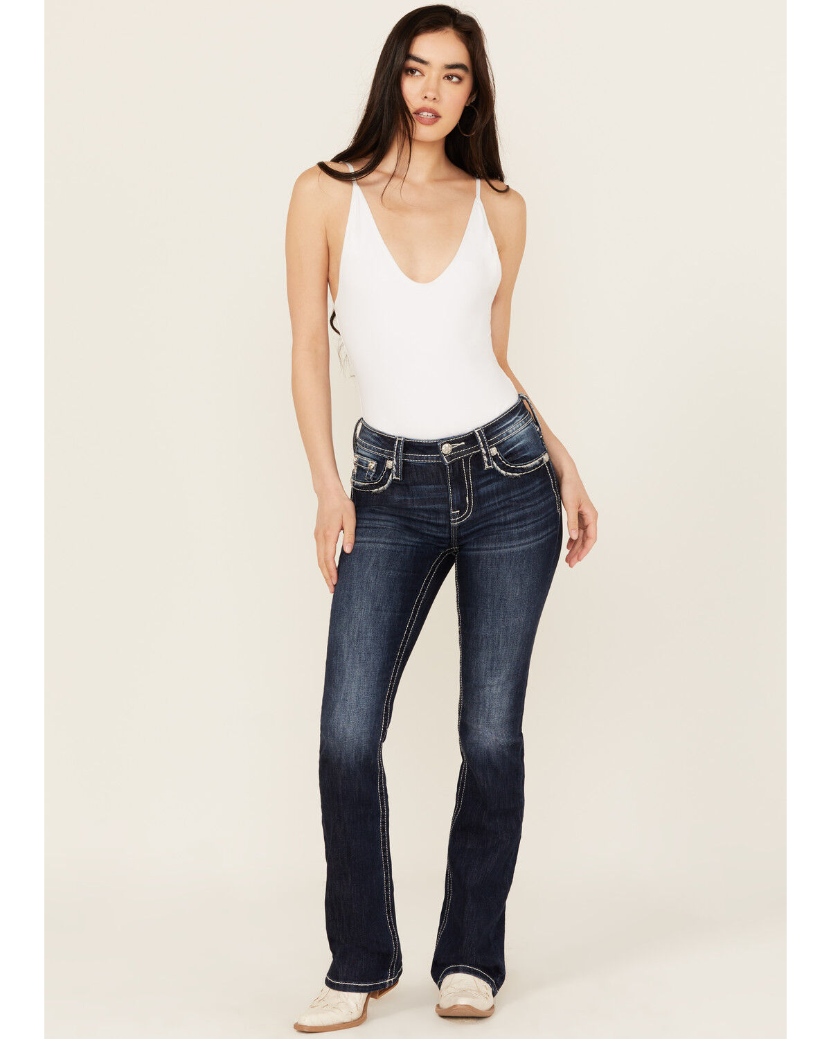 Image #3 - Miss Me Women's Dark Wash Mid Rise Bootcut Stretch Denim Jeans, Dark Wash, hi-res