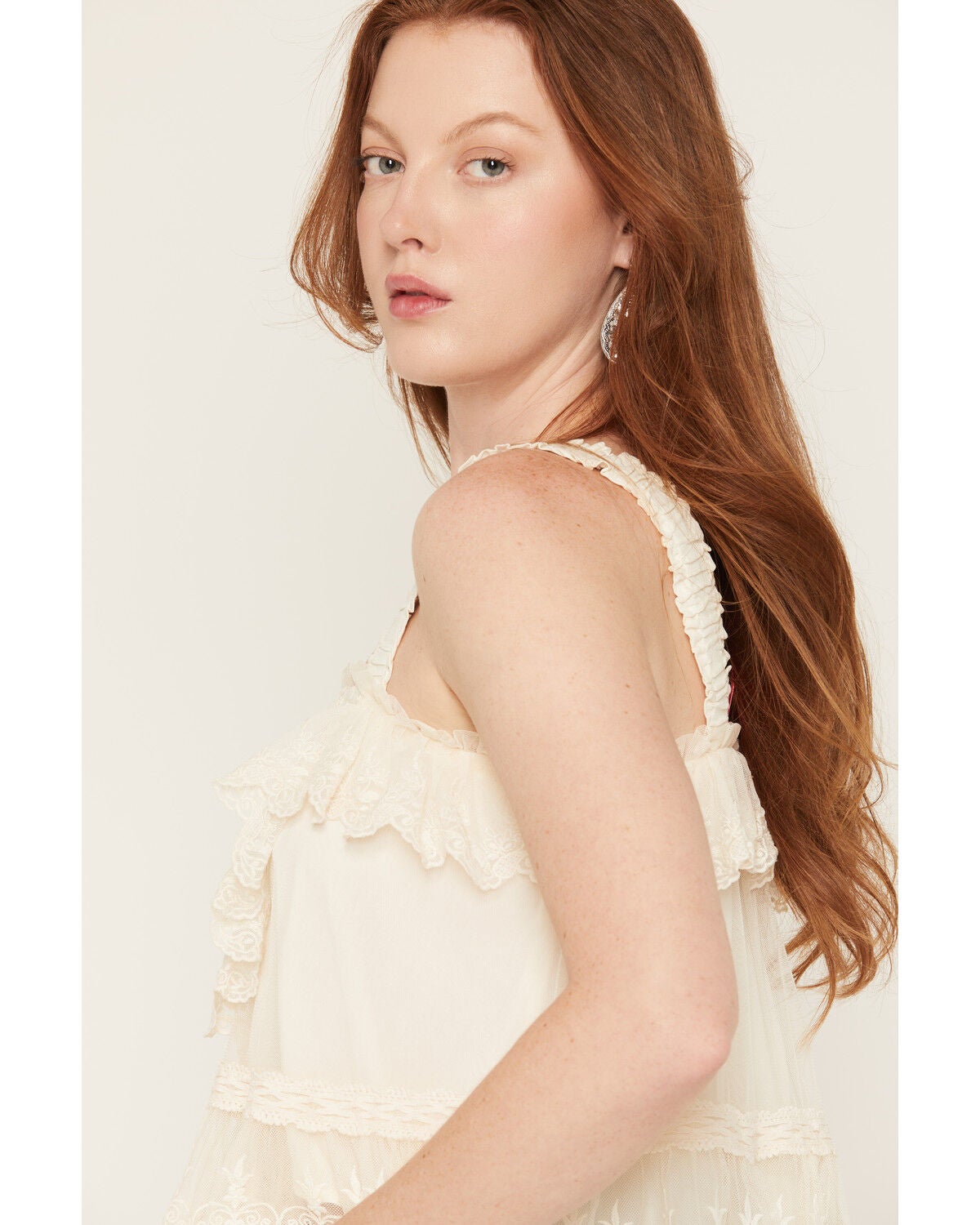 Image #2 - Miss Me Women's Sleeveless Lace Ruffle Top, Cream, hi-res